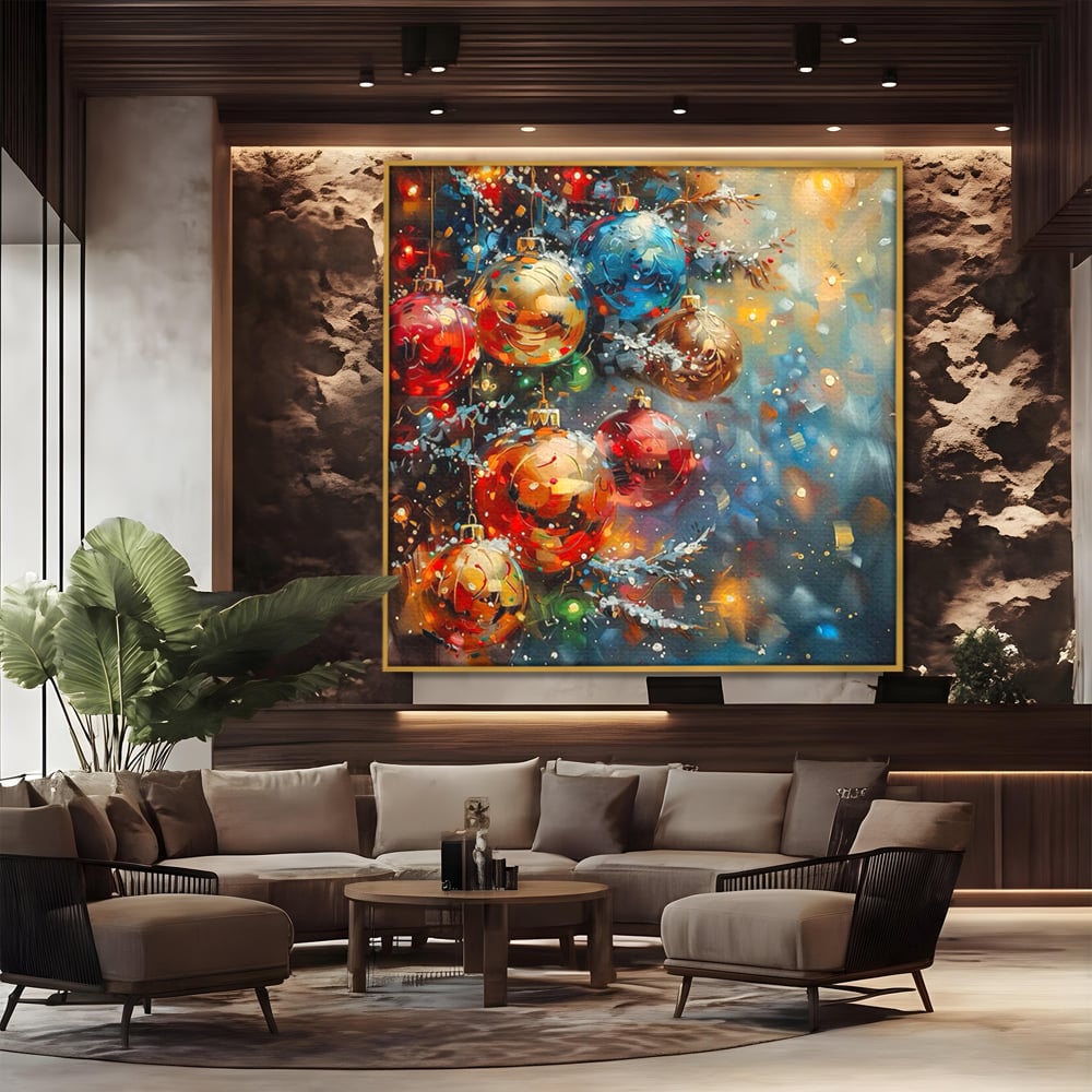 Tablou canvas cu pictura digitala cu globuri de craciun, in rama de aluminiu auriu, pe perete intr-un birou
